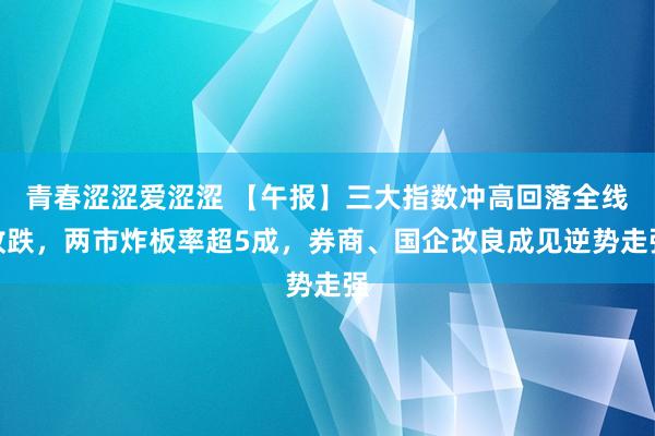 青春涩涩爱涩涩 【午报】三大指数冲高回落全线收跌，两市炸板率超5成，券商、国企改良成见逆势走强